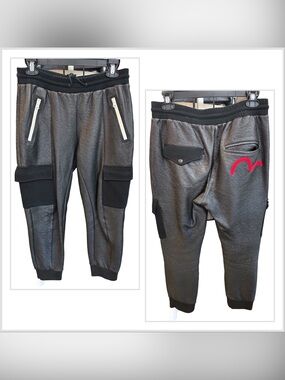 EVISU Black Cotton Blend Cargo Casual Pants Sz M Joggers